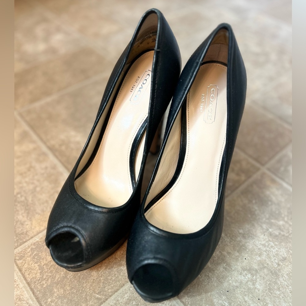 Coach Black Peep-Toe Leather Heels
